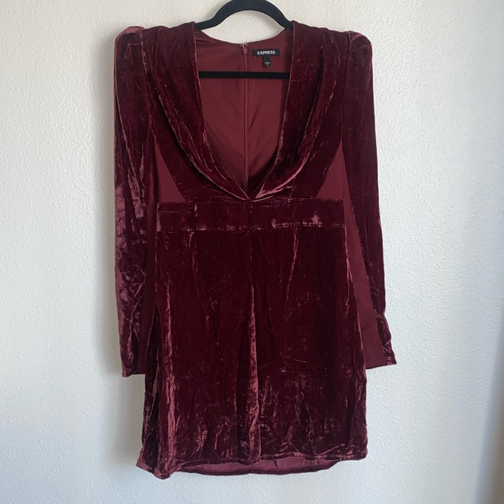 Express Crushed Velvet Plunging Neckline Puff Sleeve Dress